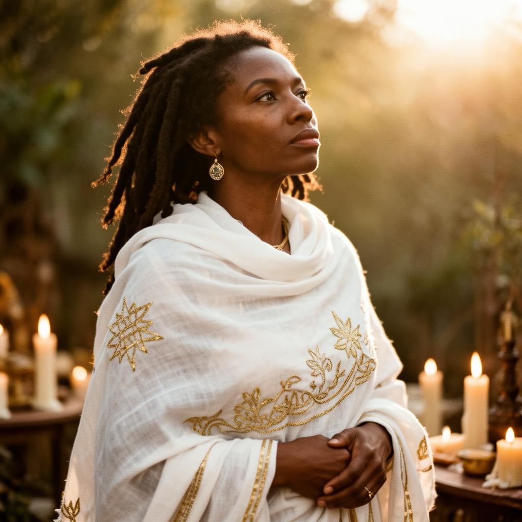 A Rastafari empress in a white netela with gold embroidery, illuminated by candlelight