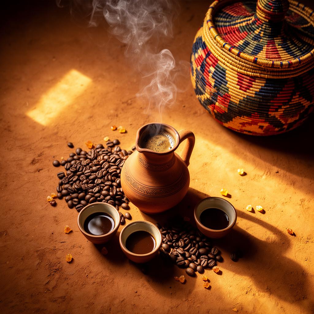 Overhead view of an Ethiopian coffee ceremony with jebena and woven mesob basket